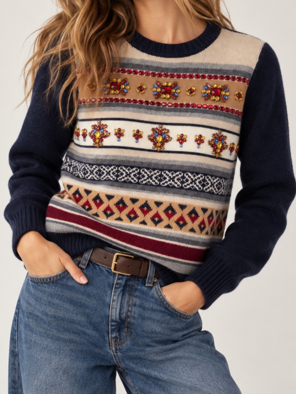 J. Crew Fair Isle Rhinestone Jeweled 100% Wool Sweater